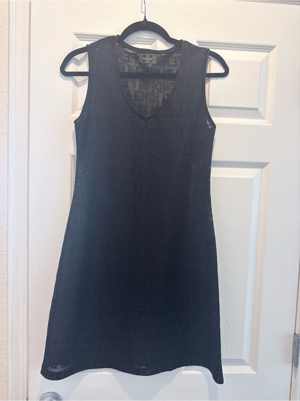 Fendi Black Sleeveless V-Neck Shift Dress with Subtle Logo Jacquard